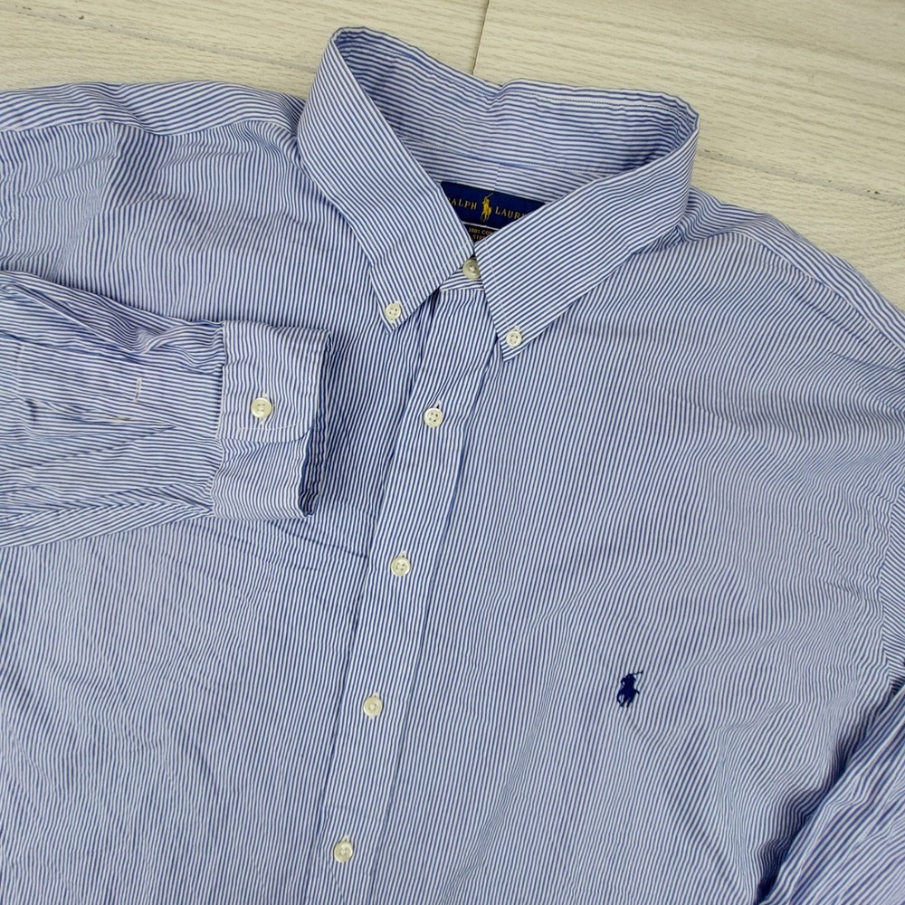 Ralph Lauren Button Down Shirt Mens 3XLT Blue White Striped Cotton Stretch Logo